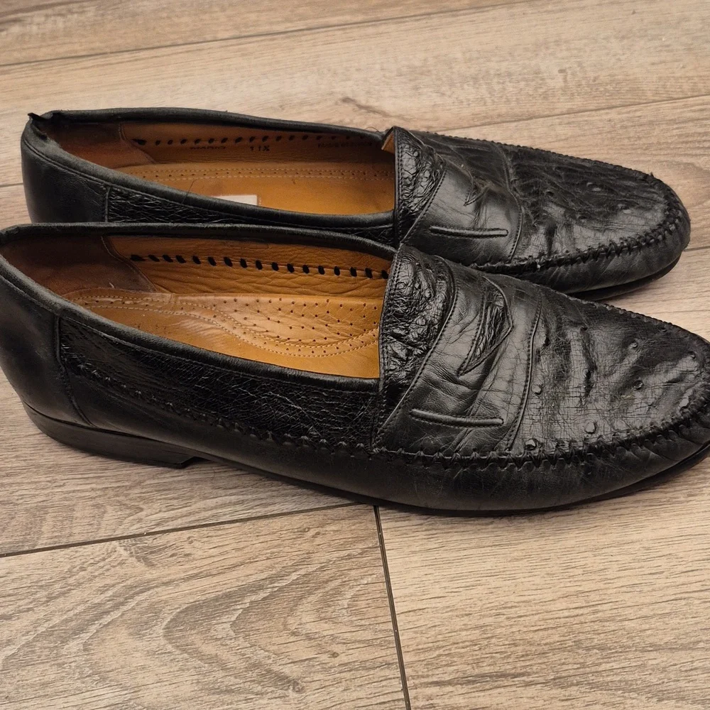 MEZLAN Mario Black‎ Ostrich Pattern Leather Sz 11.5 US Mens Loafers Shoes VTG